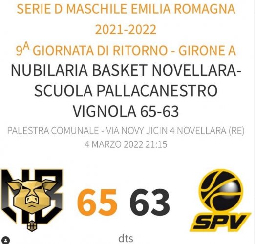 Nubilaria Basket  vs Scuola Pallacanestro Vignola 65  63 dts