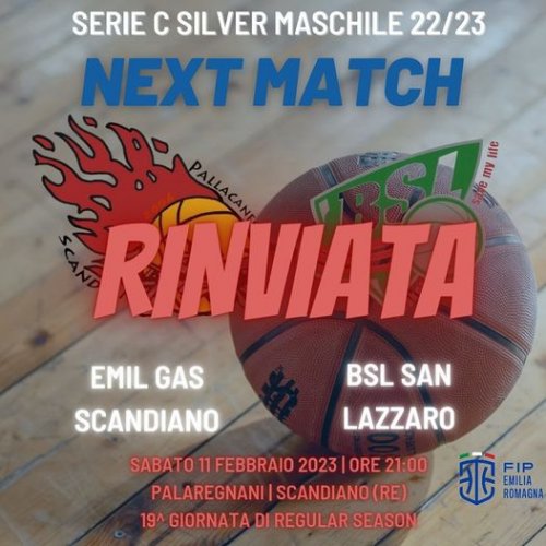 Pallacanestro Scandiano  - Rinviata la sfida di C Silver maschile con BSL San Lazzaro
