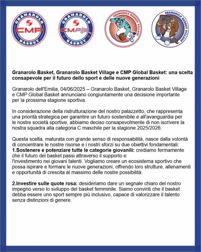 Comunicato Stampa - Granarolo Basket  - Granarolo Basket Village - CMP Global Basket