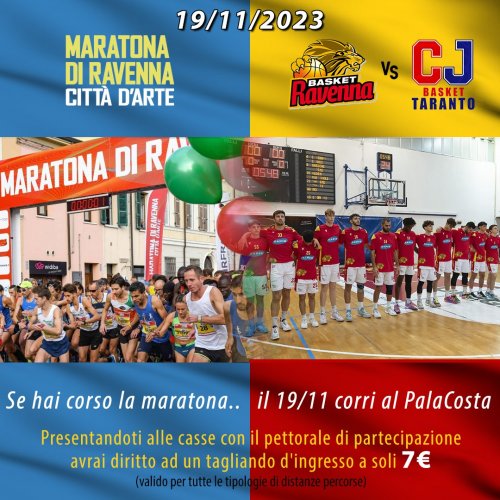 Basket Ravenna: Al PalaCosta con il pettorale della la Maratona di Ravenna.