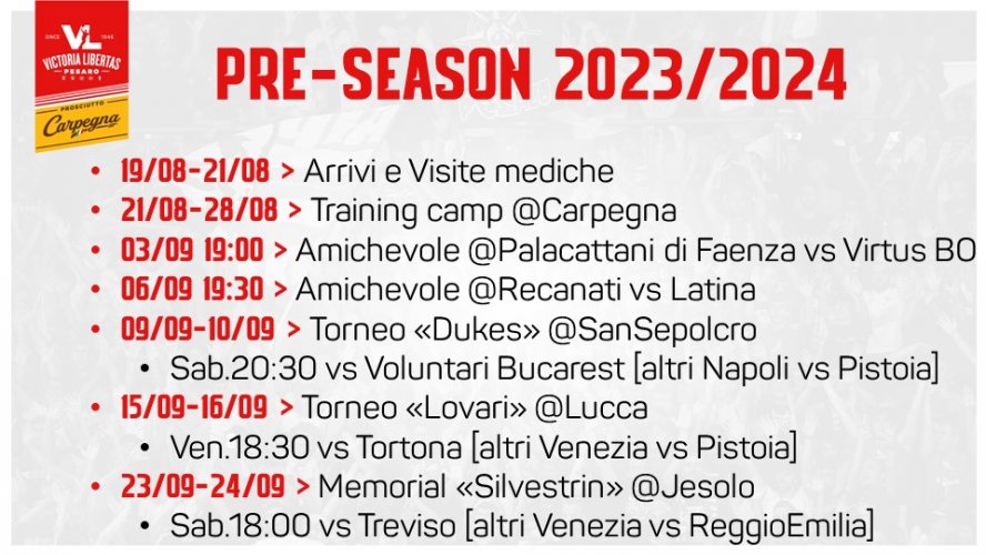 Tutte le date della preseason  2023/2024 della Carpegna Prosciutto Basket Pesaro