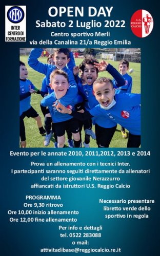 Reggio Calcio e Inter, l’Open Day aperto a tutti sabato 2 luglio dalle 9,30 alle 12