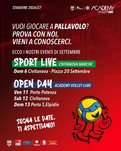 Academy Volley Lube, settembre in vetrina: Sport Live e tre Open Day per i giovani