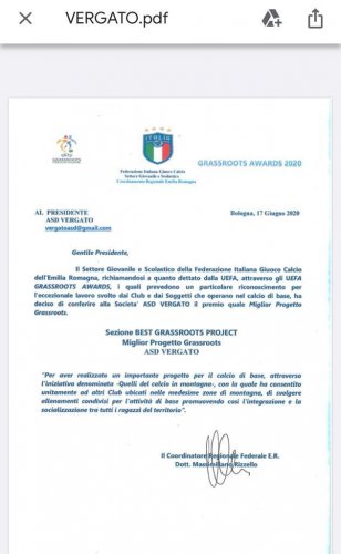Asd Vergato premiata come miglior progetto Grassroots